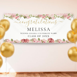 Elegant Floral Roses Gold Script Graduation Banner