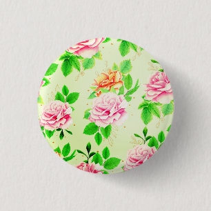 Elegant Floral Roses Green Leaves Pattern-23675 1 Inch Round Button