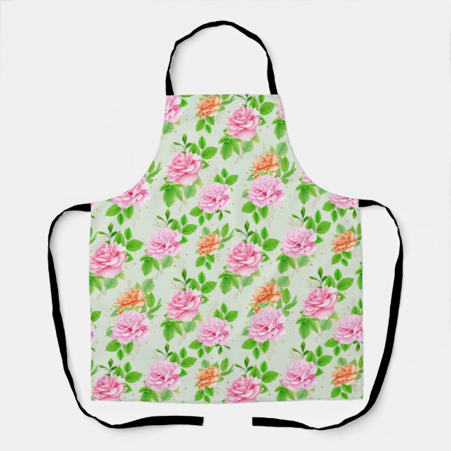 Elegant Floral Roses Green Leaves Pattern-23675 Apron (Front)