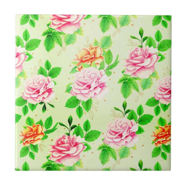 Elegant Floral Roses Green Leaves Pattern-23675 Tile (Front)