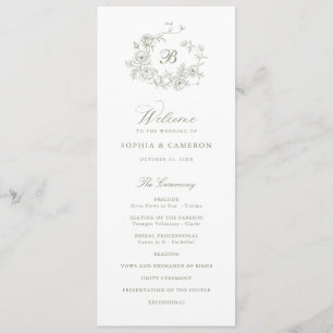 Elegant Floral Roses Wreath Sage Monogram Wedding Program