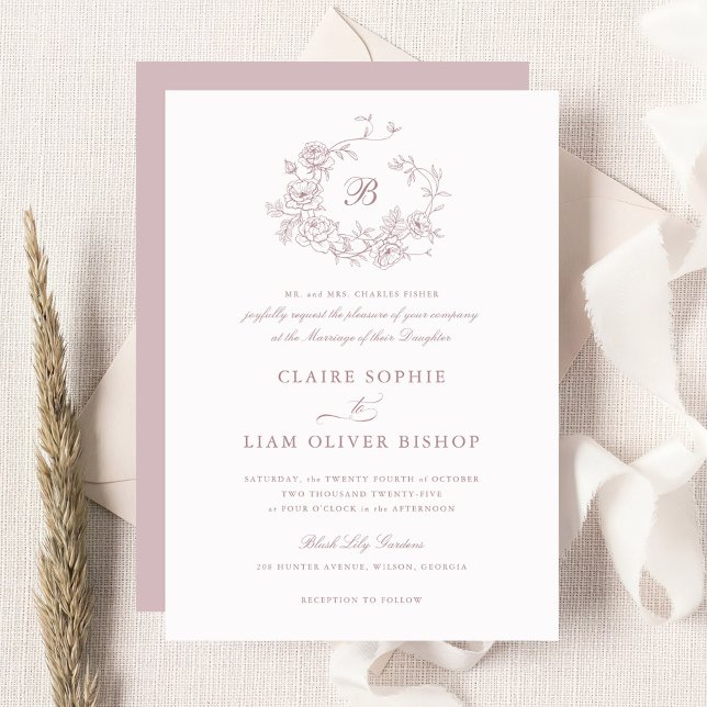 Elegant Floral Roses Wreath Wedding Monogram  Invitation (Creator Uploaded)