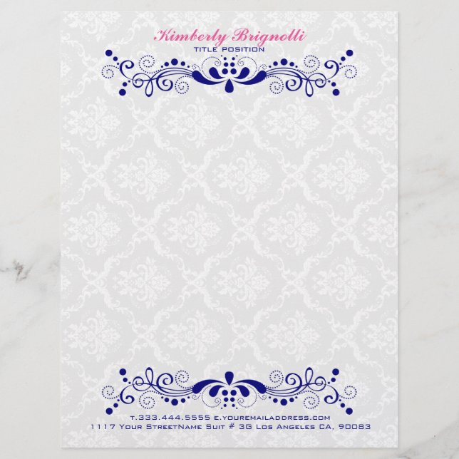 Elegant Floral Royal-Blue Lace White Damasks Letterhead (Front)