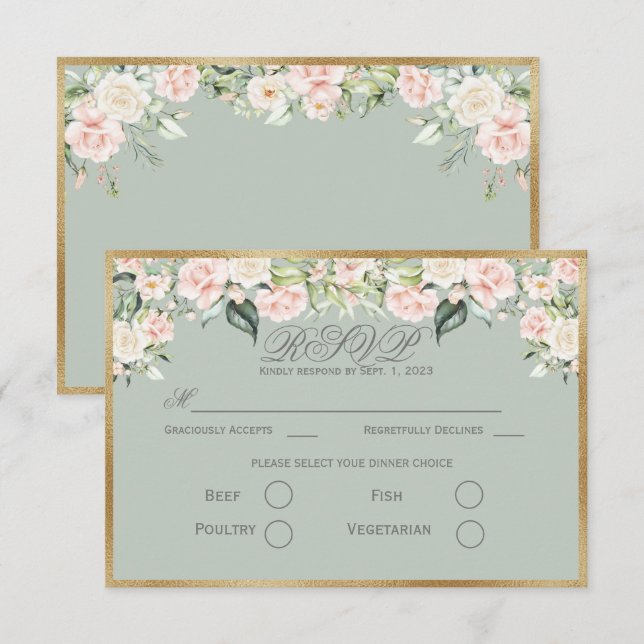Elegant Floral Sage Green Gold Script Wedding RSVP (Front/Back)
