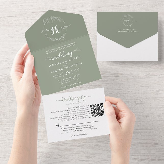 Elegant Floral Sage Green Monogram QR Code Wedding All In One Invitation (Creator Uploaded)