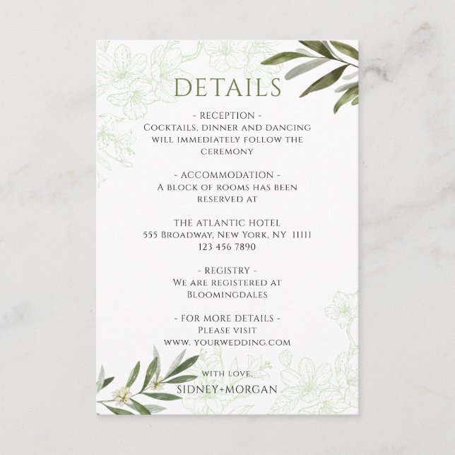 Elegant Floral Sage Green Olives Wedding Details Enclosure Card (Front)