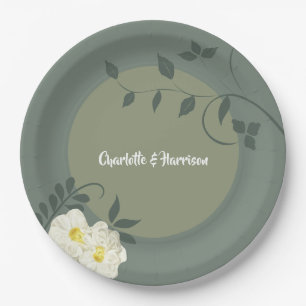 Elegant Floral Sage Green Paper Plate