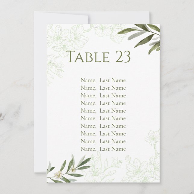 Elegant Floral Sage Green Table Number Cards (Front)