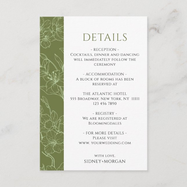 Elegant Floral Sage Green Wedding Details Enclosure Card (Front)