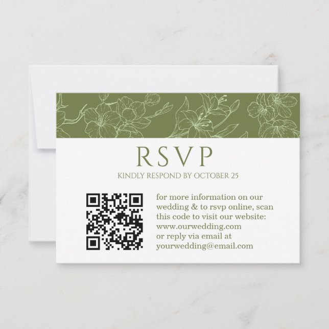 Elegant Floral Sage Green Wedding QR code RSVP Car (Front)