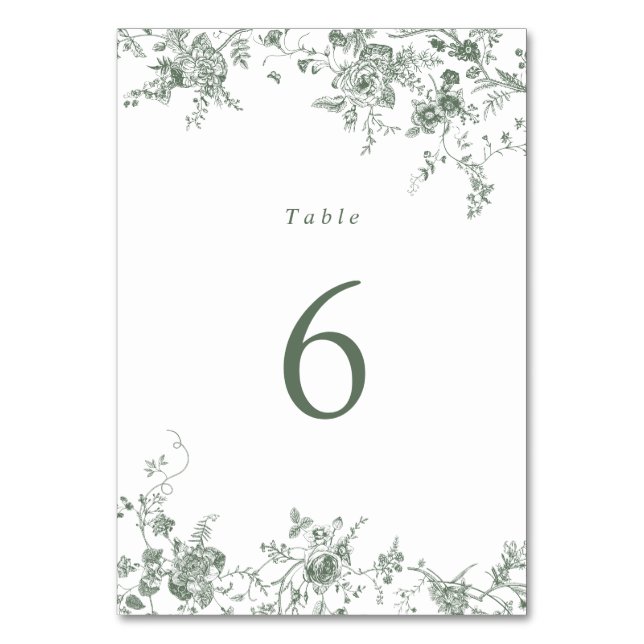 Elegant Floral Sage Green Wedding Table Number (Front)