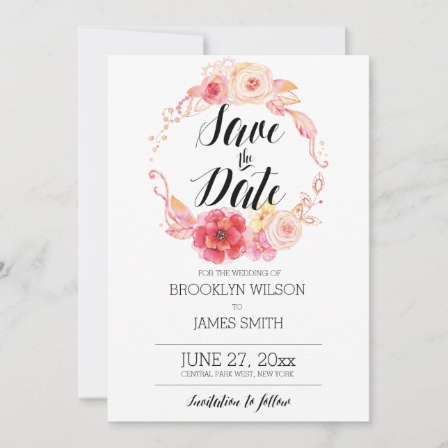 Elegant Floral Save The Date Cards With Wreath (Front)
