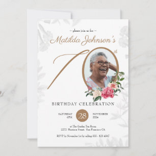 Elegant Floral Script Custom Photo 70th Birthday Invitation
