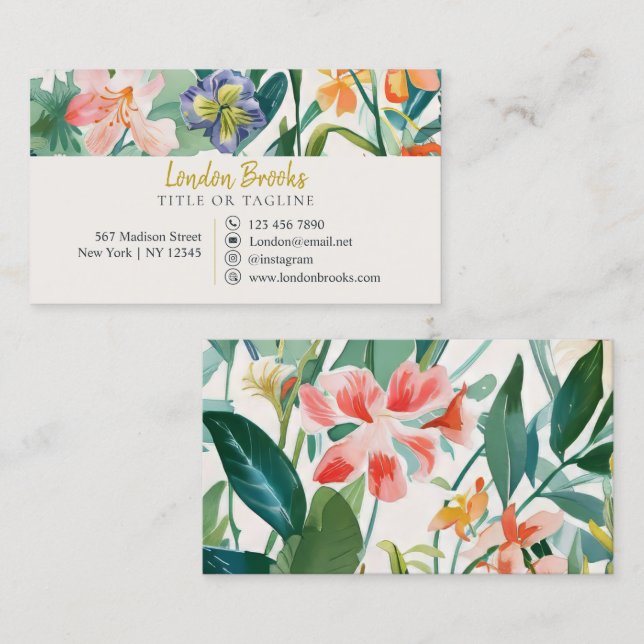 Elegant Floral Script Gold | Social Media Business Card (Front/Back)