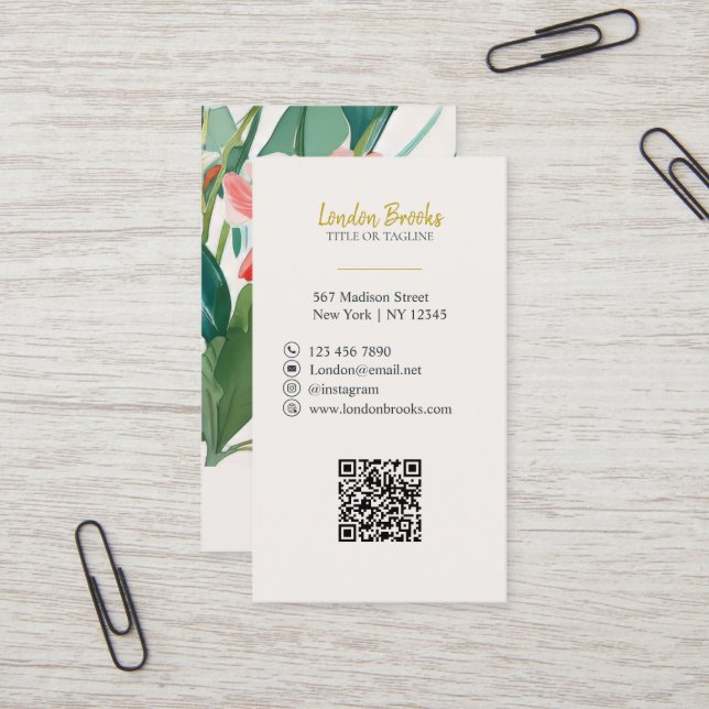 Elegant Floral Script Gold | Social Media QR Code Business Card (Front/Back In Situ)