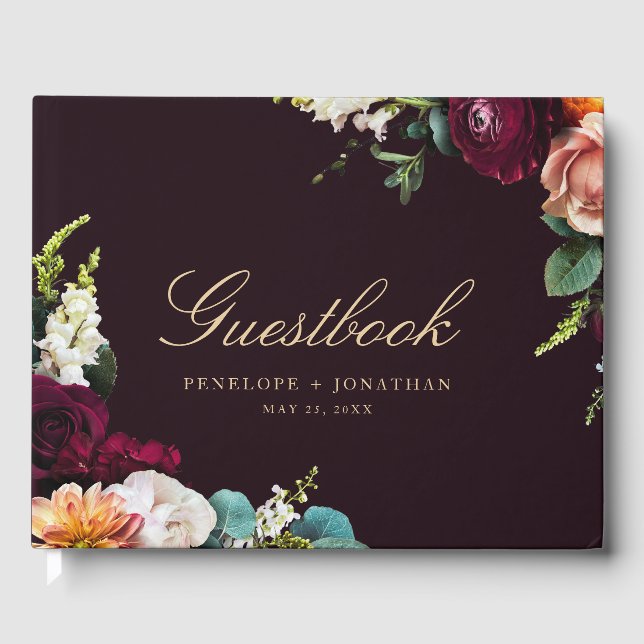 Elegant  Floral Script Wedding Guest Book (Front)