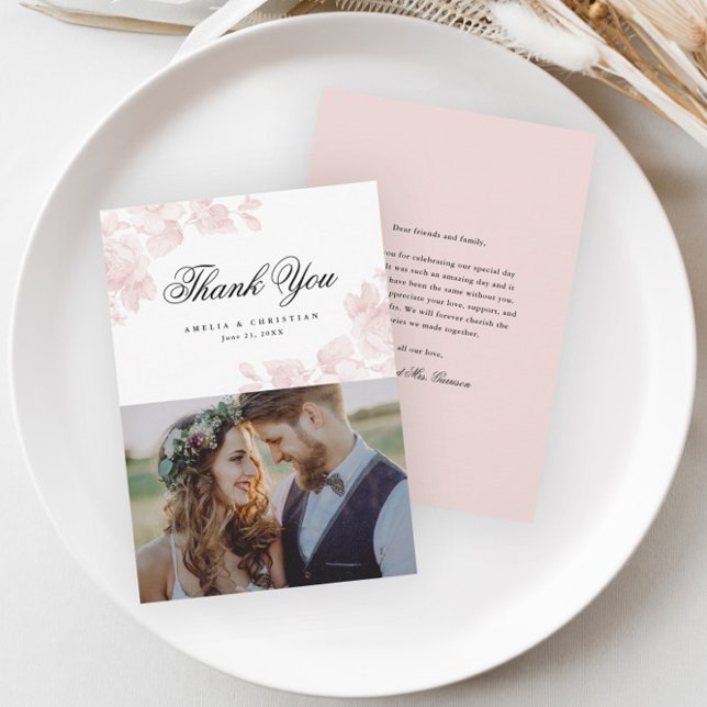 Elegant Floral Script Wedding Photo Thank You Card (Creator Uploaded)