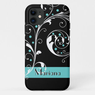 Elegant floral scroll leaf black, aqua flourish iPhone 11 case