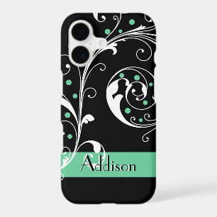 Elegant floral scroll leaf black mint green