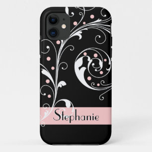 Elegant floral scroll leaf black pink flourish iPhone 11 case