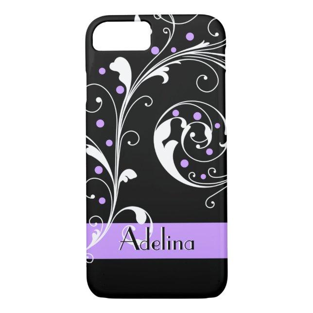 Elegant floral scroll leaf black purple flourish Case-Mate iPhone case (Back)