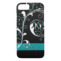 Elegant floral scroll leaf black teal flourish