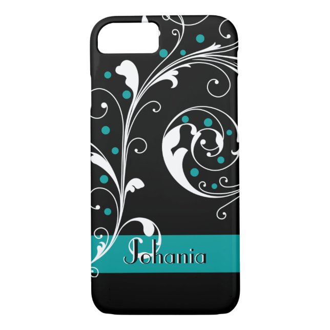 Elegant floral scroll leaf black teal flourish Case-Mate iPhone case (Back)