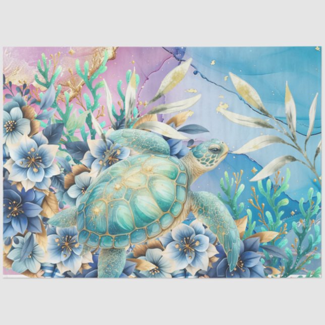 Elegant Floral Sea Turtle Decoupage Tissue Paper (Front)
