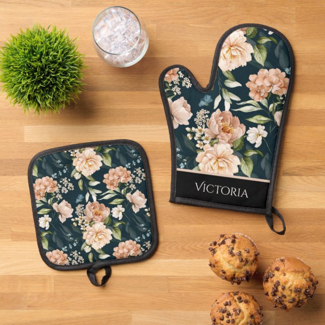 Elegant Floral Shabby Chic Personalized Oven Mitt & Pot Holder Set (Top Down)