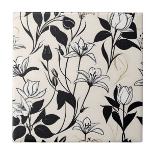Elegant Floral Silhouettes White and Black Tile