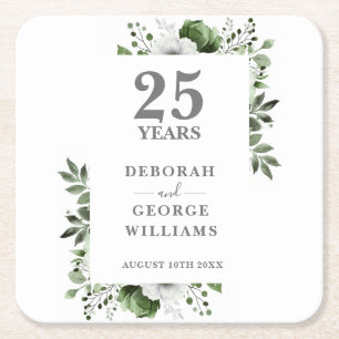 Elegant Floral Silver 25th Wedding Anniversary  Square Paper Coaster