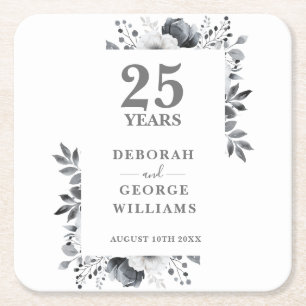 Elegant Floral Silver 25th Wedding Anniversary  Square Paper Coaster