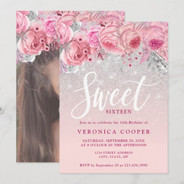 Elegant floral silver glitter sweet sixteen invitation (Front/Back)