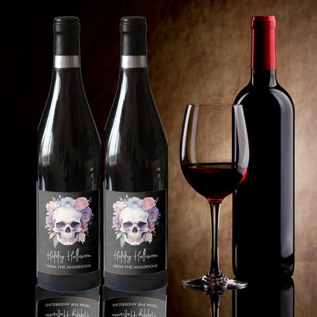 Elegant Floral Skull Gothic Happy Halloween custom Wine Label (Creator Uploaded)