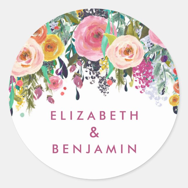 Elegant Floral Spring Summer Wedding Name Classic Round Sticker (Front)