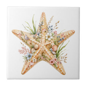 Elegant Floral Starfish Coastal Beach Art Décor Tile