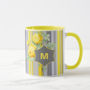 Elegant Floral Stiped Sunny Yellow Grey Monogram Mug