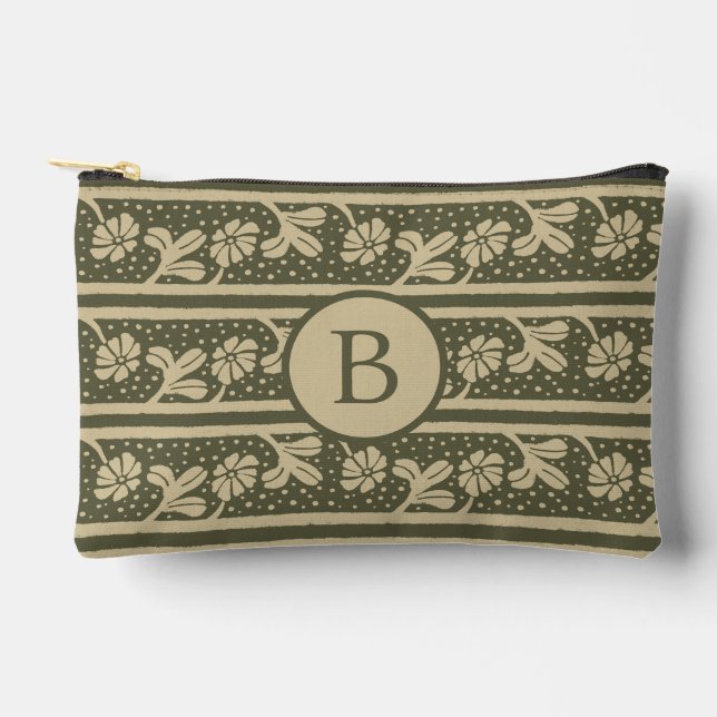 Elegant Floral Stripes Beige and Sage Green Accessory Pouch (Front)