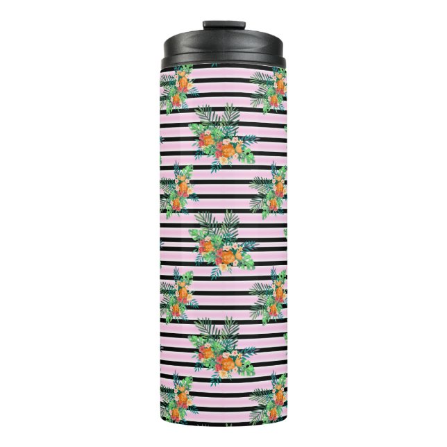 Elegant Floral Stripes – Black and Pink Flower Thermal Tumbler (Front)