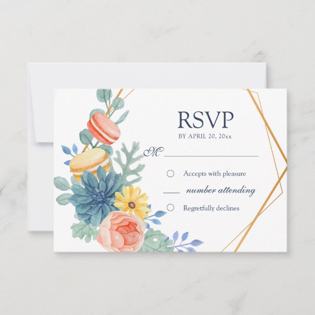 Elegant Floral Succulent Macaron Wedding Meal RSVP Card (Front)