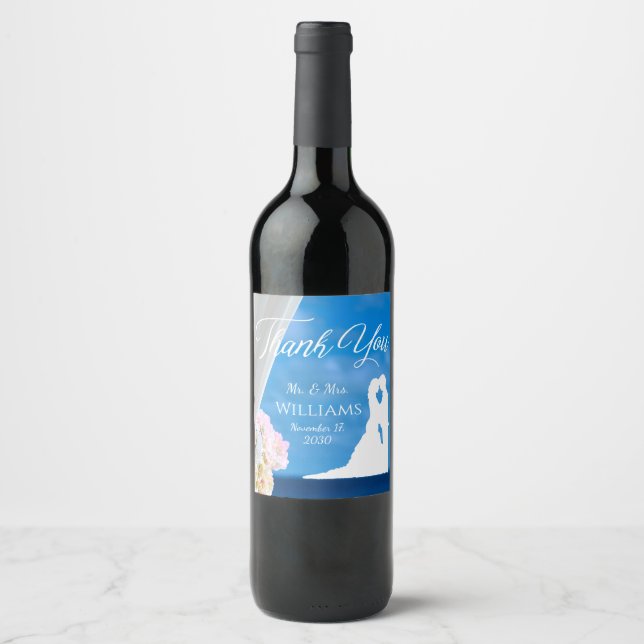 Elegant Floral Summer Beach Wedding Thank You Wine Label (Front)