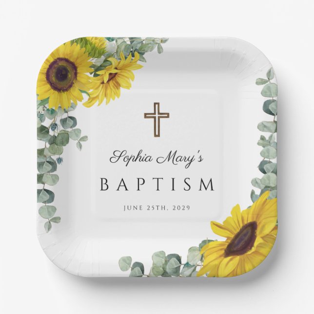 Elegant Floral Sunflower Cross Baptism Paper Plate (Front)