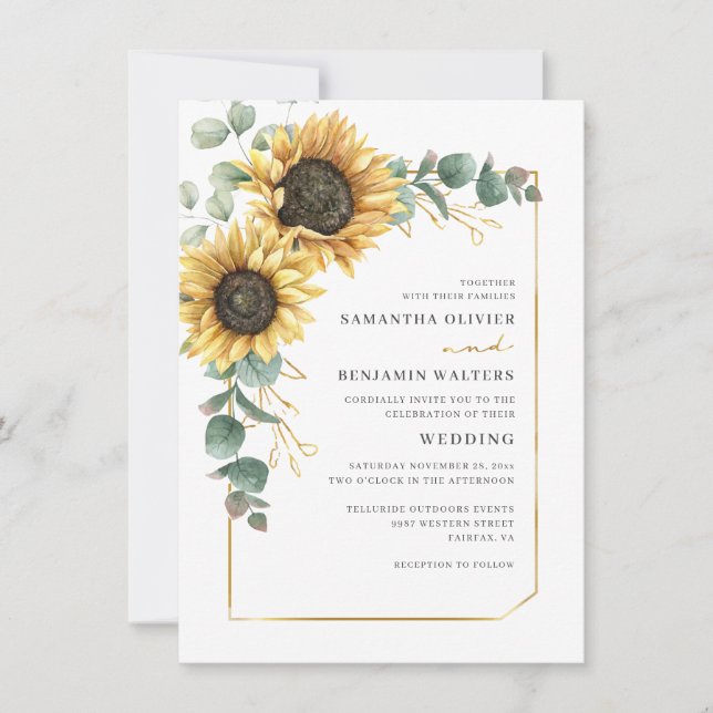 Elegant Floral Sunflower Eucalyptus Wedding Invitation (Front)