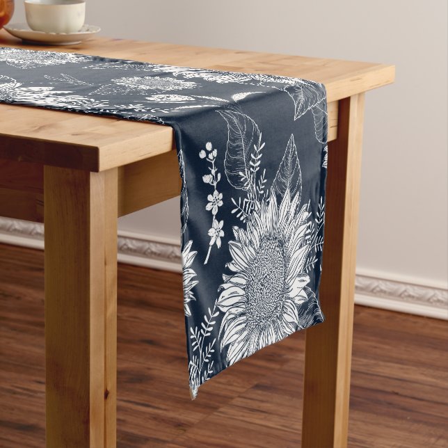 Elegant Floral Sunflower Navy Blue White Short Tab Short Table Runner (In Situ)