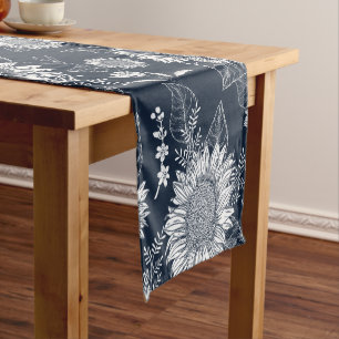 Elegant Floral Sunflower Navy Blue White Short Tab Table Runner