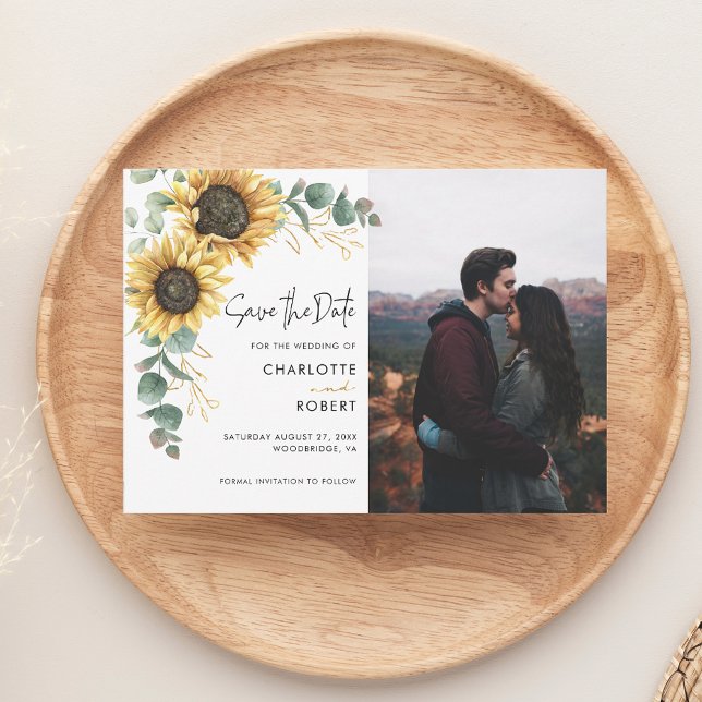 Elegant Floral Sunflower Photo Wedding Save The Date (Watercolor Sunflower Photo Wedding Save the Date)