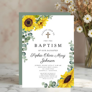 Elegant Floral Sunflower Religious Baptism Invitation