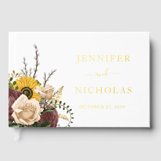 Elegant Floral Sunflower Wedding Gold Foil Guest Book (Front)