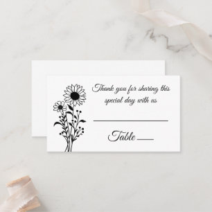 Elegant Floral Sunflowers Black White Wedding Place Card