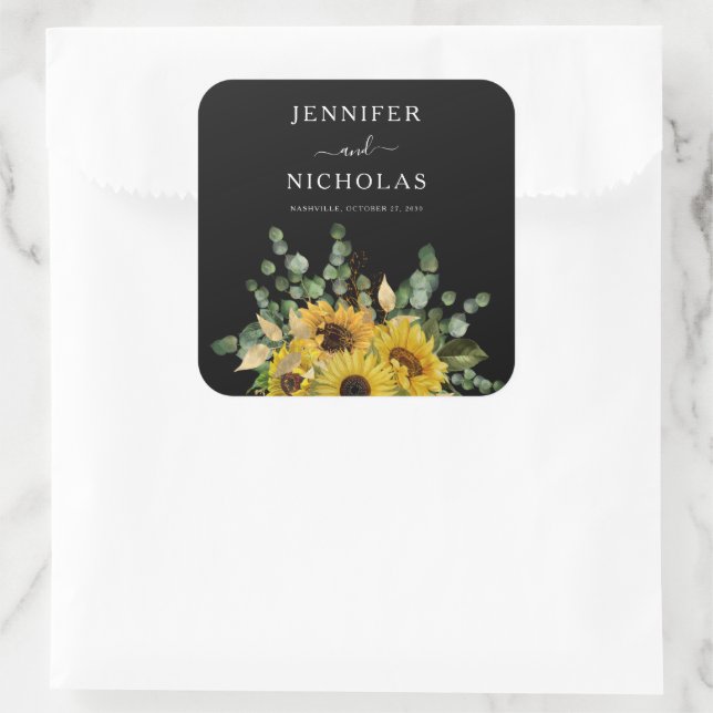 Elegant Floral Sunflowers Wedding Square Sticker (Bag)